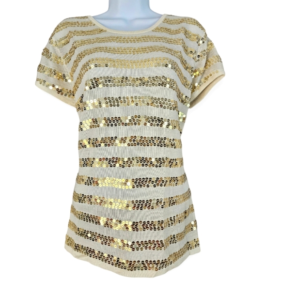 NWOT Andre Oliver cream silk & gold sequined T-shirt blouse top Womens Large - Picture 1 of 5